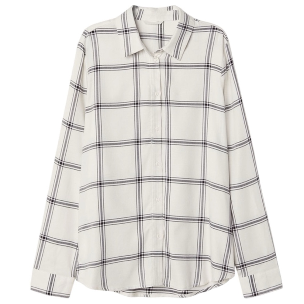 H&M - Off-White Lightweight Plaid Flannel Button Down Shirt | Women’s 6